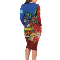 Personalised Fiji and Rotuma Together Long Sleeve Bodycon Dress Fjian Masi and Pacific Pattern Mix Culture