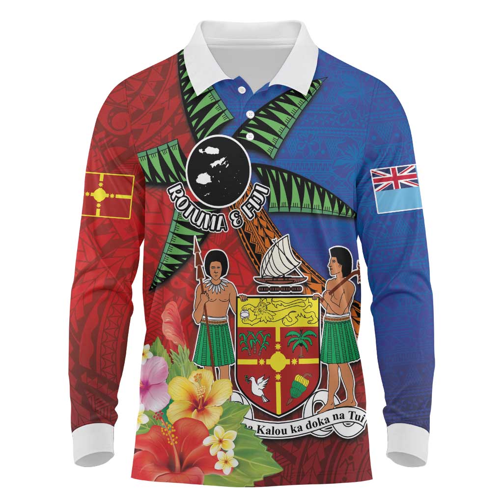 Personalised Fiji and Rotuma Together Long Sleeve Polo Shirt Fjian Masi and Pacific Pattern Mix Culture