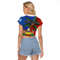 Personalised Fiji and Rotuma Together Raglan Cropped T Shirt Fjian Masi and Pacific Pattern Mix Culture