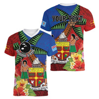Personalised Fiji and Rotuma Together Women V-Neck T-Shirt Fjian Masi and Pacific Pattern Mix Culture