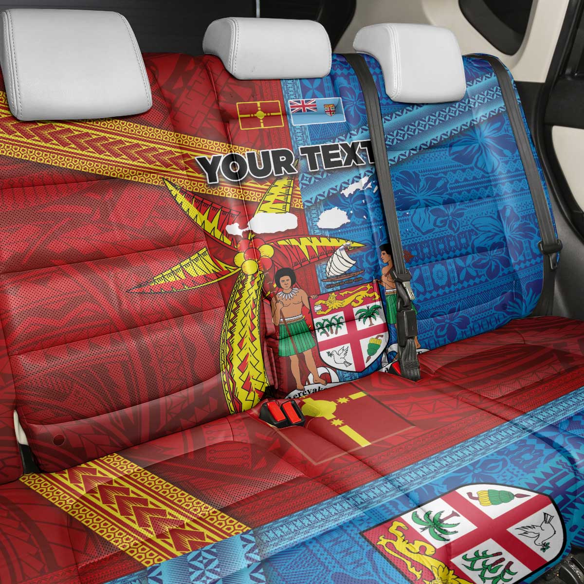 Personalised Fiji and Rotuma Together Back Car Seat Cover Tapa and Pacific Art Pattern with Cultural Emblems Half Style