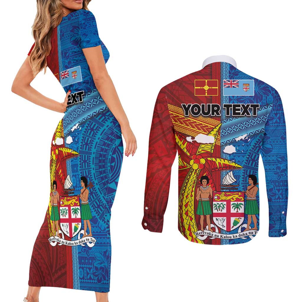 Personalised Fiji and Rotuma Together Couples Matching Short Sleeve Bodycon Dress and Long Sleeve Button Shirt Tapa and Pacific Art Pattern with Cultural Emblems Half Style