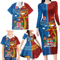 Personalised Fiji and Rotuma Together Family Matching Long Sleeve Bodycon Dress and Hawaiian Shirt Tapa and Pacific Art Pattern with Cultural Emblems Half Style