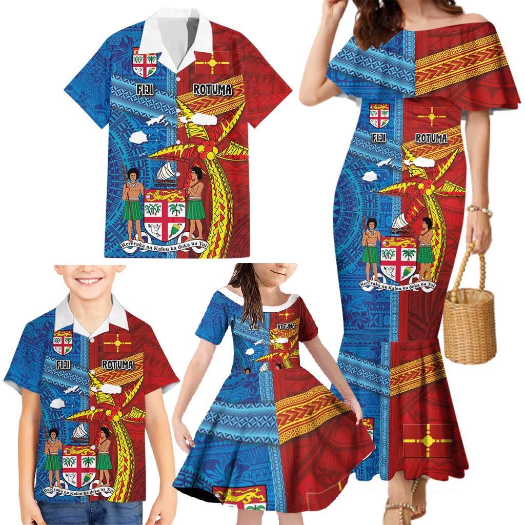 Personalised Fiji and Rotuma Together Family Matching Mermaid Dress and Hawaiian Shirt Tapa and Pacific Art Pattern with Cultural Emblems Half Style