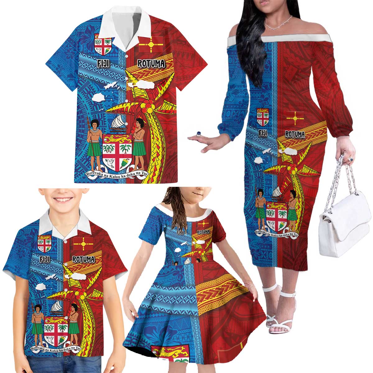 Personalised Fiji and Rotuma Together Family Matching Off The Shoulder Long Sleeve Dress and Hawaiian Shirt Tapa and Pacific Art Pattern with Cultural Emblems Half Style