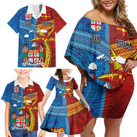 Personalised Fiji and Rotuma Together Family Matching Off Shoulder Short Dress and Hawaiian Shirt Tapa and Pacific Art Pattern with Cultural Emblems Half Style