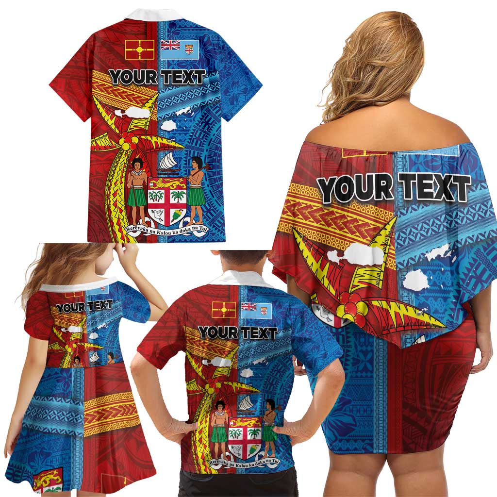 Personalised Fiji and Rotuma Together Family Matching Off Shoulder Short Dress and Hawaiian Shirt Tapa and Pacific Art Pattern with Cultural Emblems Half Style