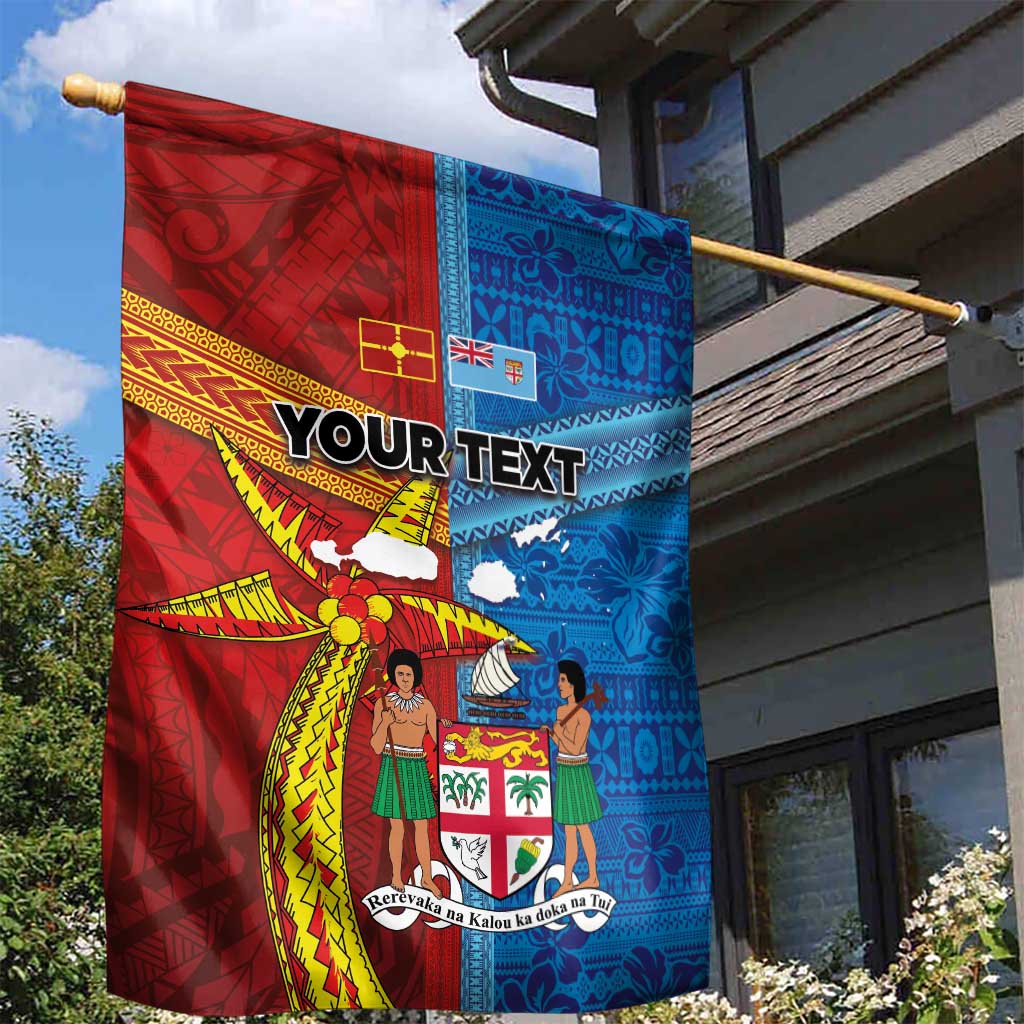 Personalised Fiji and Rotuma Together Garden Flag Tapa and Pacific Art Pattern with Cultural Emblems Half Style