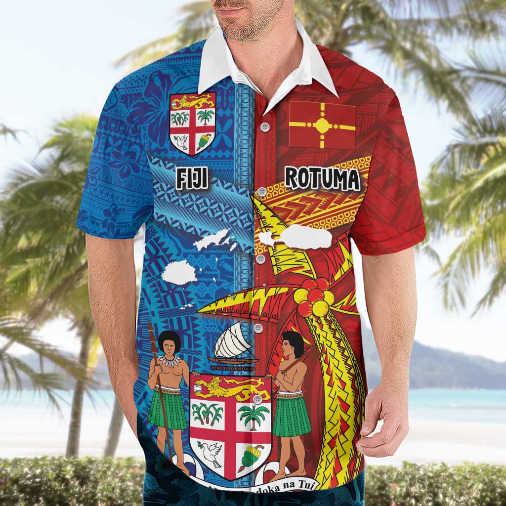 Personalised Fiji and Rotuma Together Hawaiian Shirt Tapa and Pacific Art Pattern with Cultural Emblems Half Style