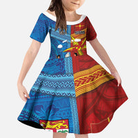 Personalised Fiji and Rotuma Together Kid Short Sleeve Dress Tapa and Pacific Art Pattern with Cultural Emblems Half Style