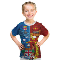 Personalised Fiji and Rotuma Together Kid T Shirt Tapa and Pacific Art Pattern with Cultural Emblems Half Style