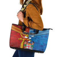 Personalised Fiji and Rotuma Together Leather Tote Bag Tapa and Pacific Art Pattern with Cultural Emblems Half Style