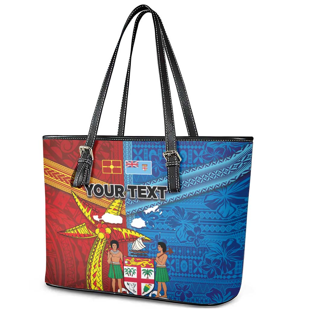 Personalised Fiji and Rotuma Together Leather Tote Bag Tapa and Pacific Art Pattern with Cultural Emblems Half Style