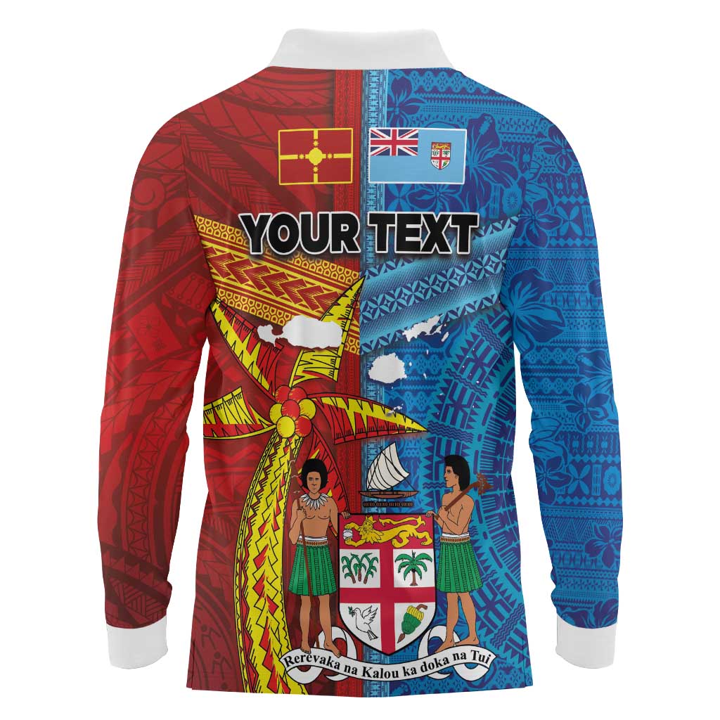 Personalised Fiji and Rotuma Together Long Sleeve Polo Shirt Tapa and Pacific Art Pattern with Cultural Emblems Half Style