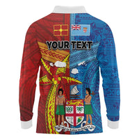 Personalised Fiji and Rotuma Together Long Sleeve Polo Shirt Tapa and Pacific Art Pattern with Cultural Emblems Half Style