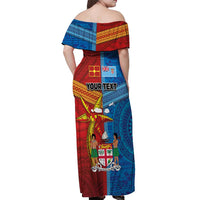 Personalised Fiji and Rotuma Together Off Shoulder Maxi Dress Tapa and Pacific Art Pattern with Cultural Emblems Half Style