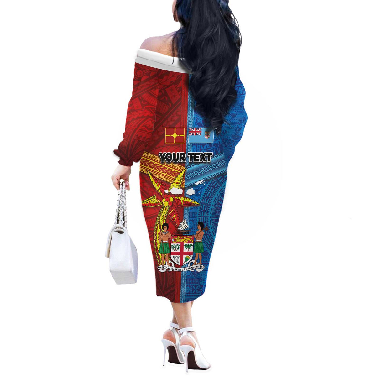 Personalised Fiji and Rotuma Together Off The Shoulder Long Sleeve Dress Tapa and Pacific Art Pattern with Cultural Emblems Half Style