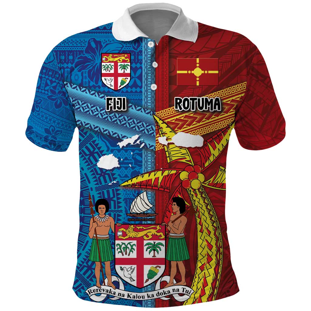 Personalised Fiji and Rotuma Together Polo Shirt Tapa and Pacific Art Pattern with Cultural Emblems Half Style