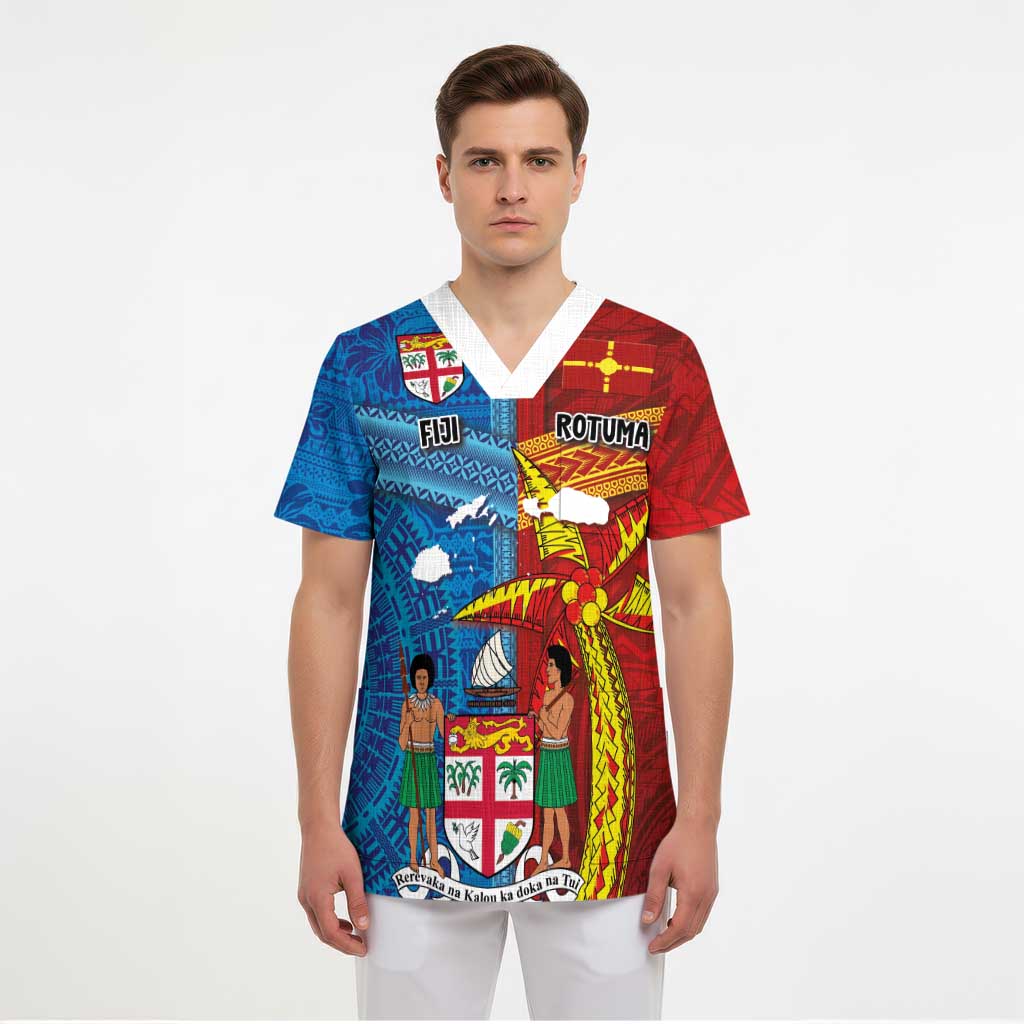 Personalised Fiji and Rotuma Together Scrub Top Tapa and Pacific Art Pattern with Cultural Emblems Half Style - Polynesian Pride