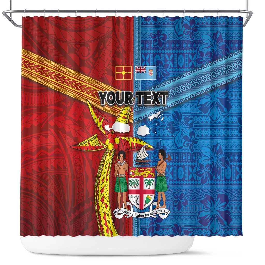 Personalised Fiji and Rotuma Together Shower Curtain Tapa and Pacific Art Pattern with Cultural Emblems Half Style