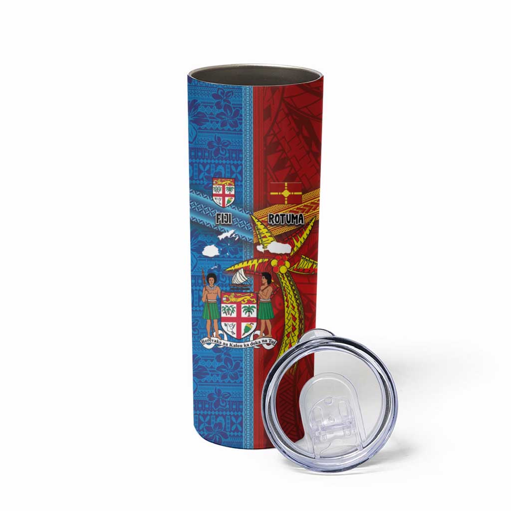 Personalised Fiji and Rotuma Together Skinny Tumbler Tapa and Pacific Art Pattern with Cultural Emblems Half Style