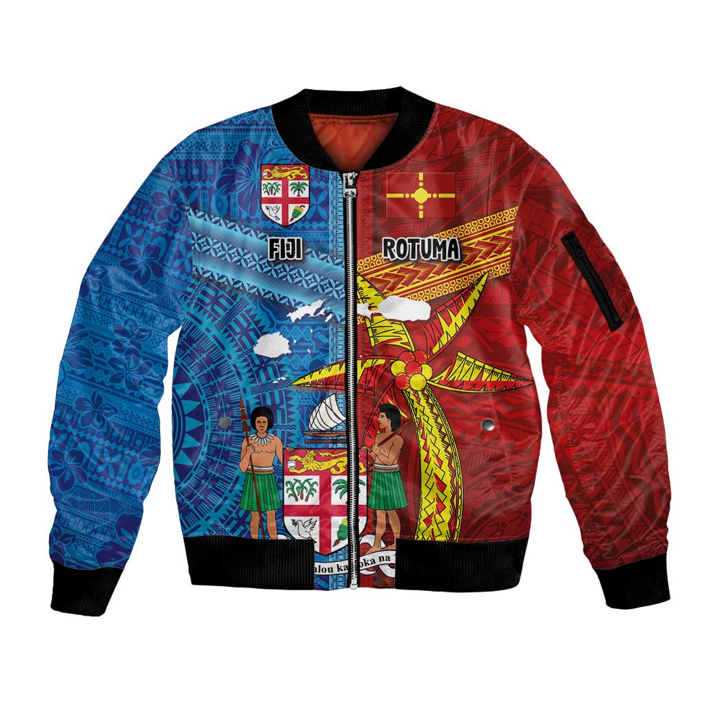Personalised Fiji and Rotuma Together Sleeve Zip Bomber Jacket Tapa and Pacific Art Pattern with Cultural Emblems Half Style
