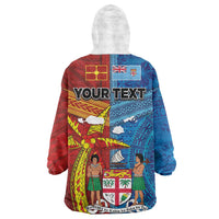 Personalised Fiji and Rotuma Together Wearable Blanket Hoodie Tapa and Pacific Art Pattern with Cultural Emblems Half Style