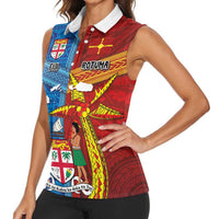 Personalised Fiji and Rotuma Together Women Sleeveless Polo Shirt Tapa and Pacific Art Pattern with Cultural Emblems Half Style