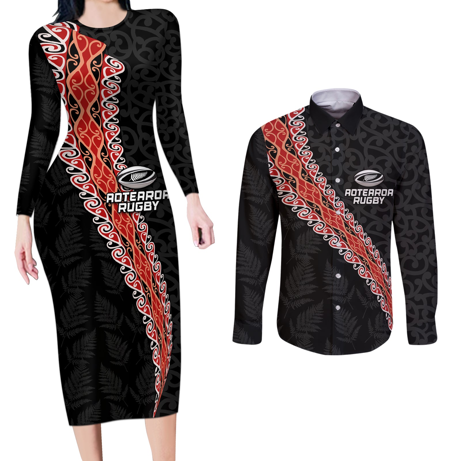 Custom New Zealand Rugby Couples Matching Long Sleeve Bodycon Dress and Long Sleeve Button Shirt Maori and Silver Fern Half Style