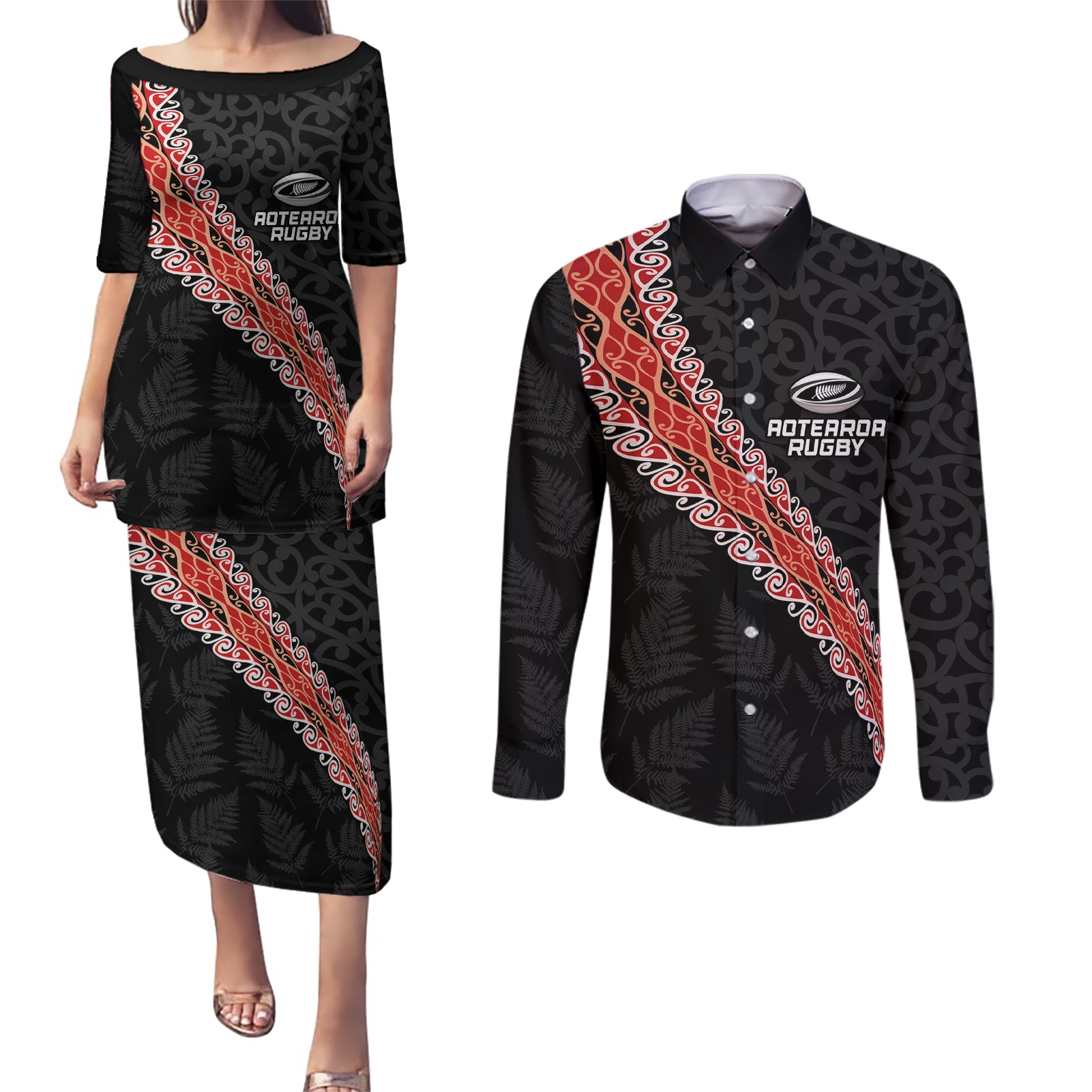 Custom New Zealand Rugby Couples Matching Puletasi and Long Sleeve Button Shirt Maori and Silver Fern Half Style