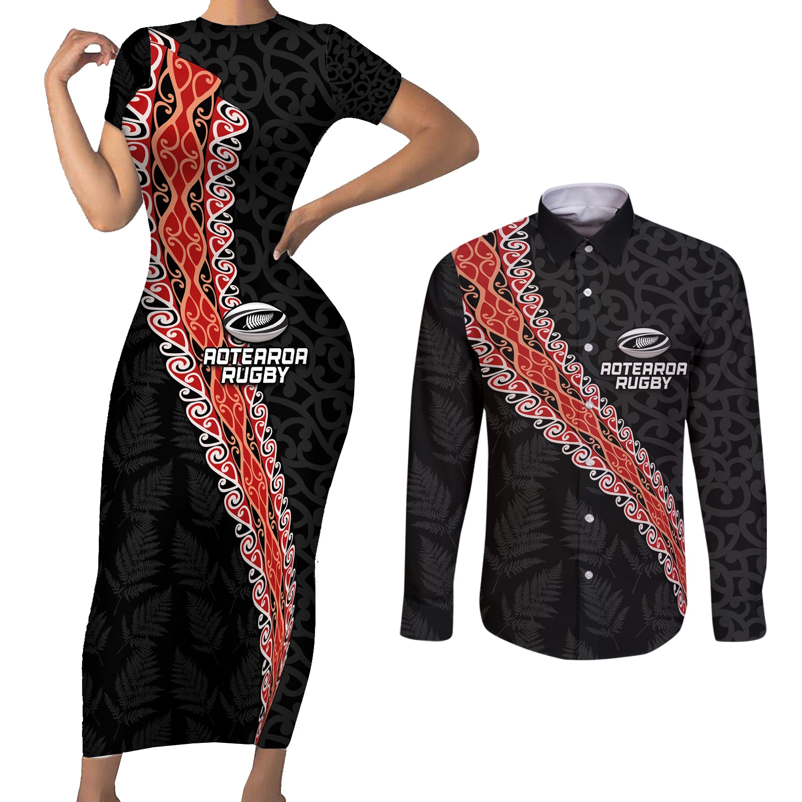 Custom New Zealand Rugby Couples Matching Short Sleeve Bodycon Dress and Long Sleeve Button Shirt Maori and Silver Fern Half Style