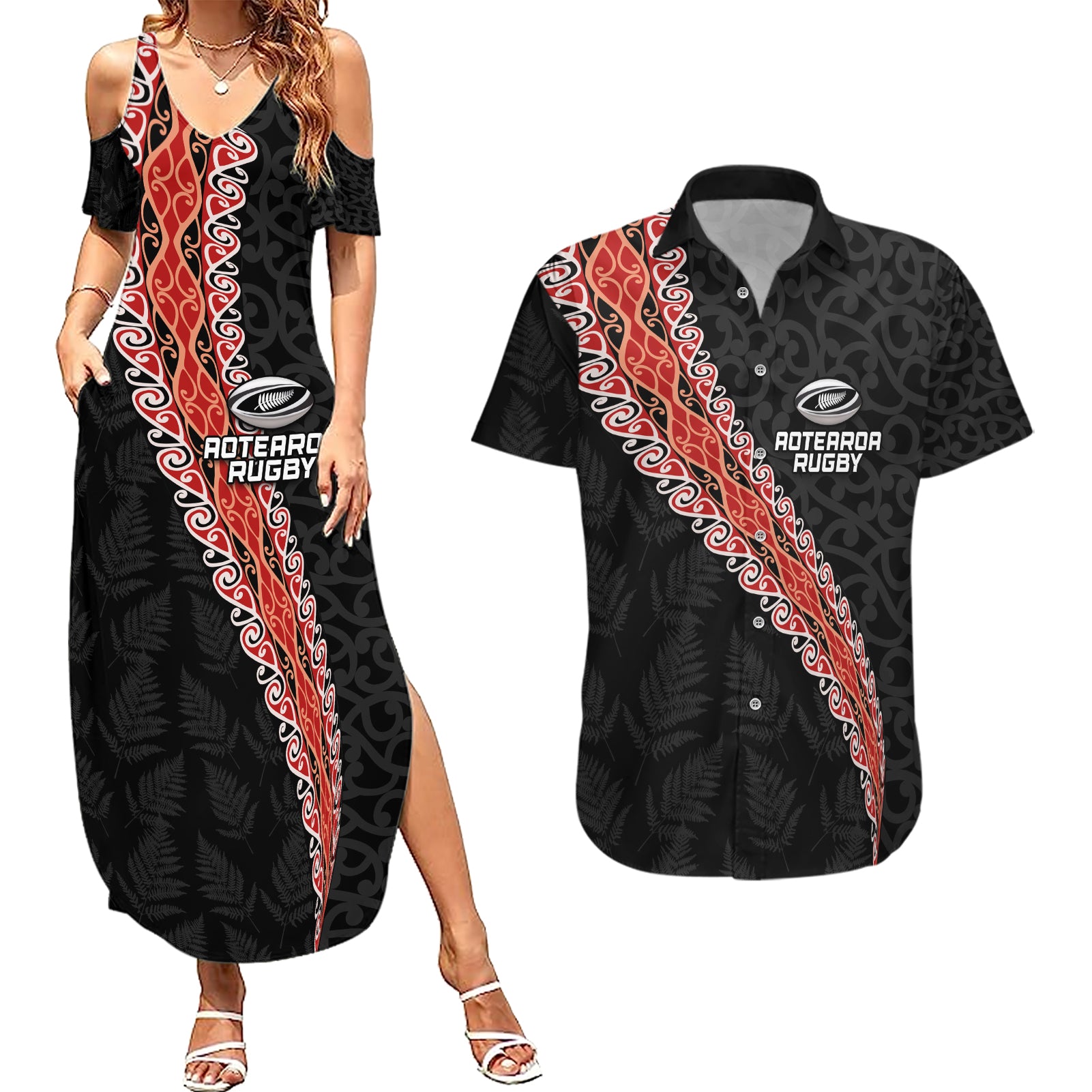 Custom New Zealand Rugby Couples Matching Summer Maxi Dress and Hawaiian Shirt Maori and Silver Fern Half Style