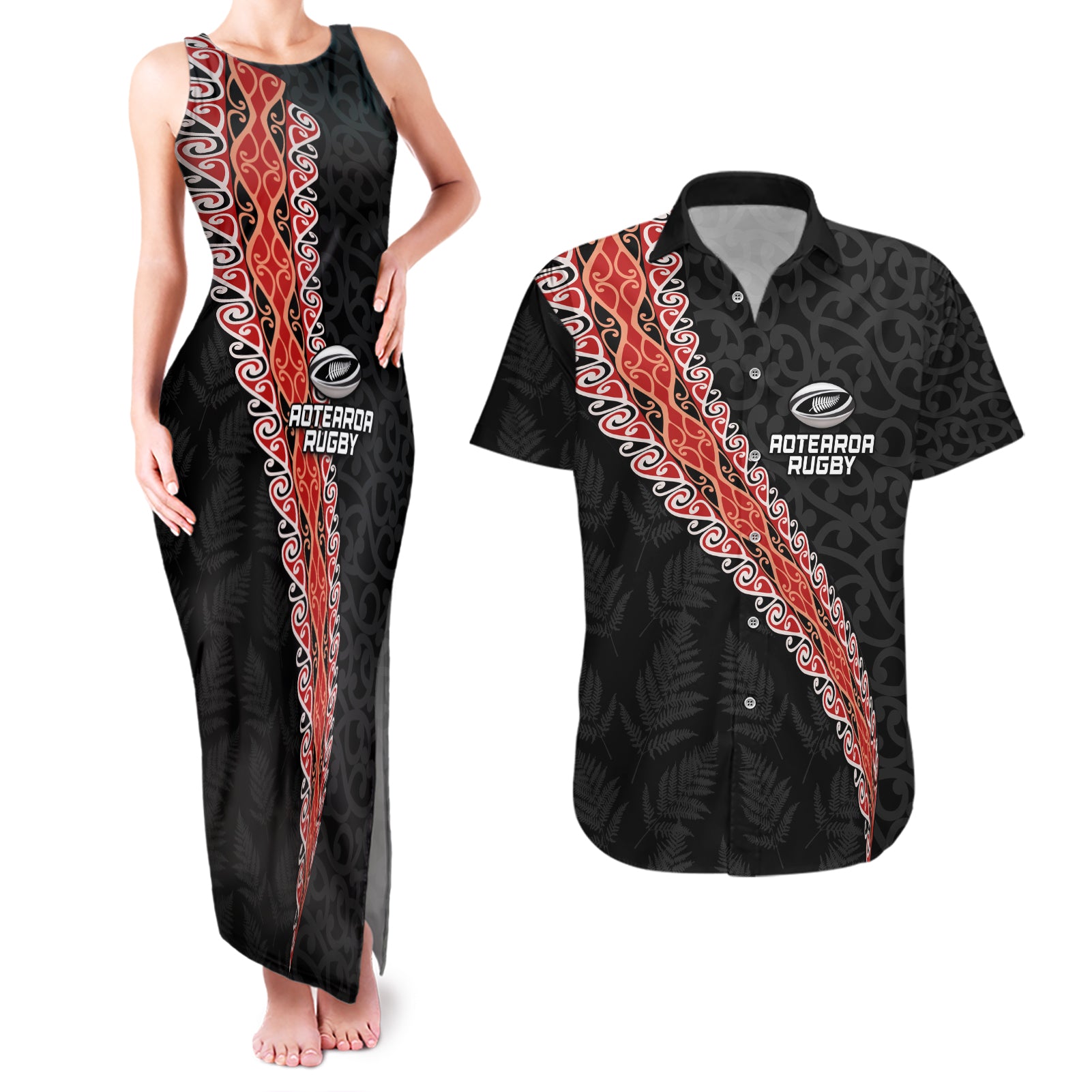 Custom New Zealand Rugby Couples Matching Tank Maxi Dress and Hawaiian Shirt Maori and Silver Fern Half Style