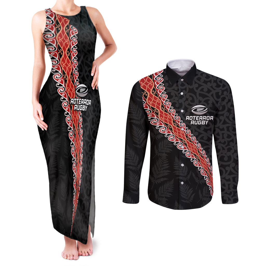 Custom New Zealand Rugby Couples Matching Tank Maxi Dress and Long Sleeve Button Shirt Maori and Silver Fern Half Style