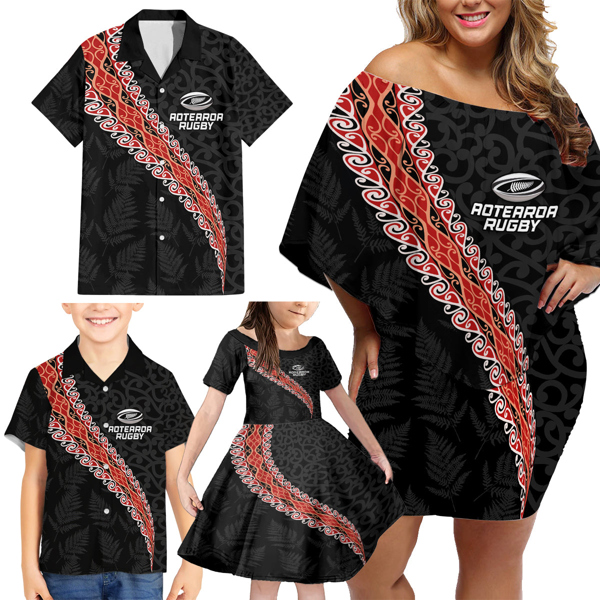 Custom New Zealand Rugby Family Matching Off Shoulder Short Dress and Hawaiian Shirt Maori and Silver Fern Half Style