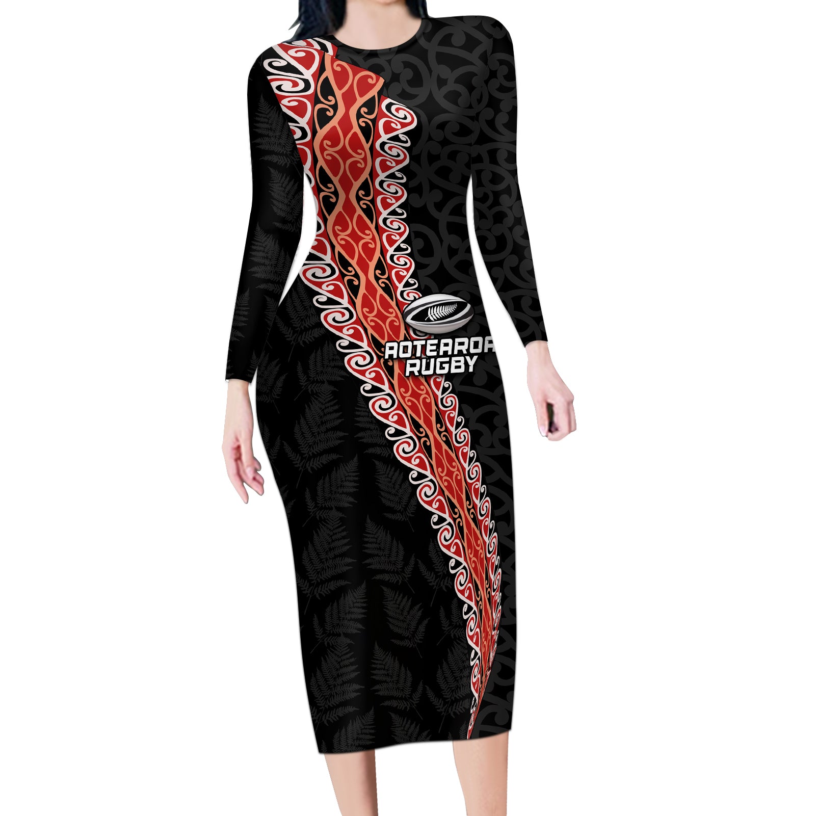 Custom New Zealand Rugby Long Sleeve Bodycon Dress Maori and Silver Fern Half Style