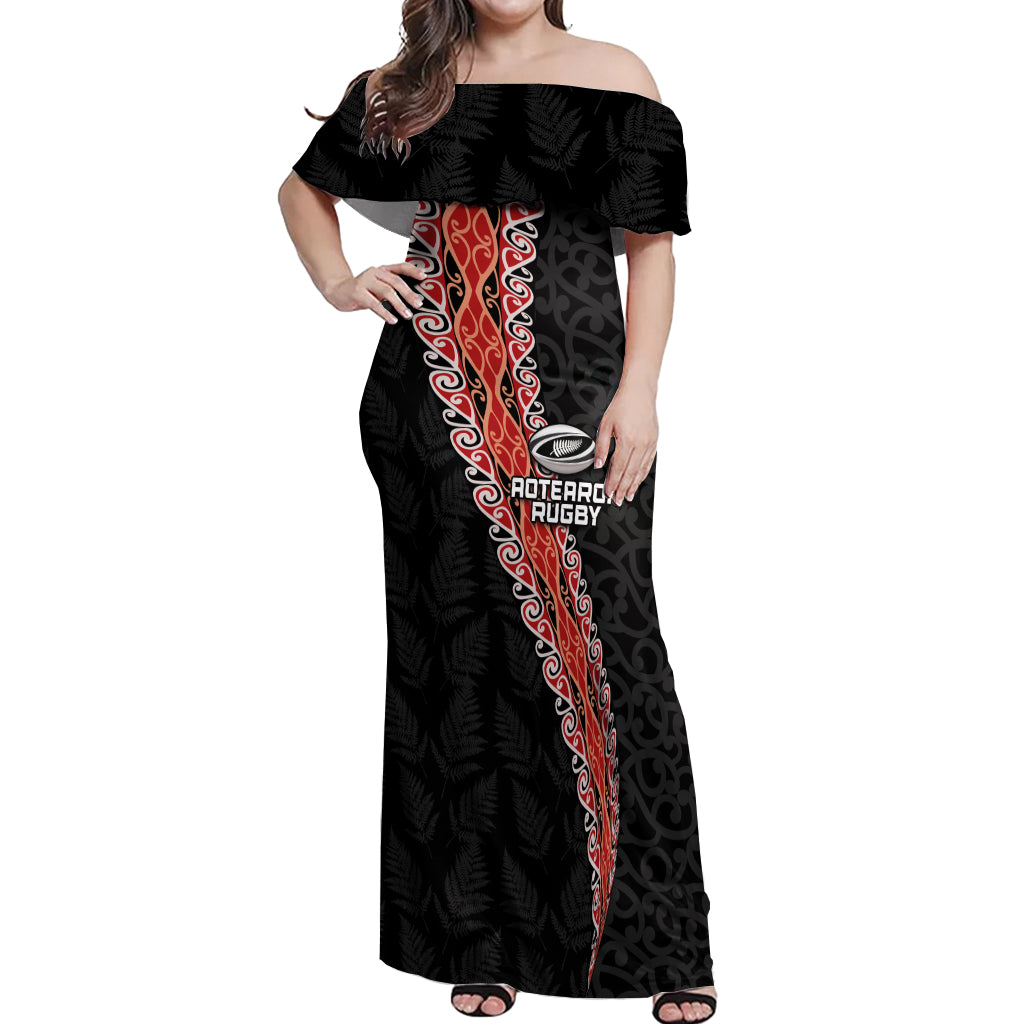 Custom New Zealand Rugby Off Shoulder Maxi Dress Maori and Silver Fern Half Style