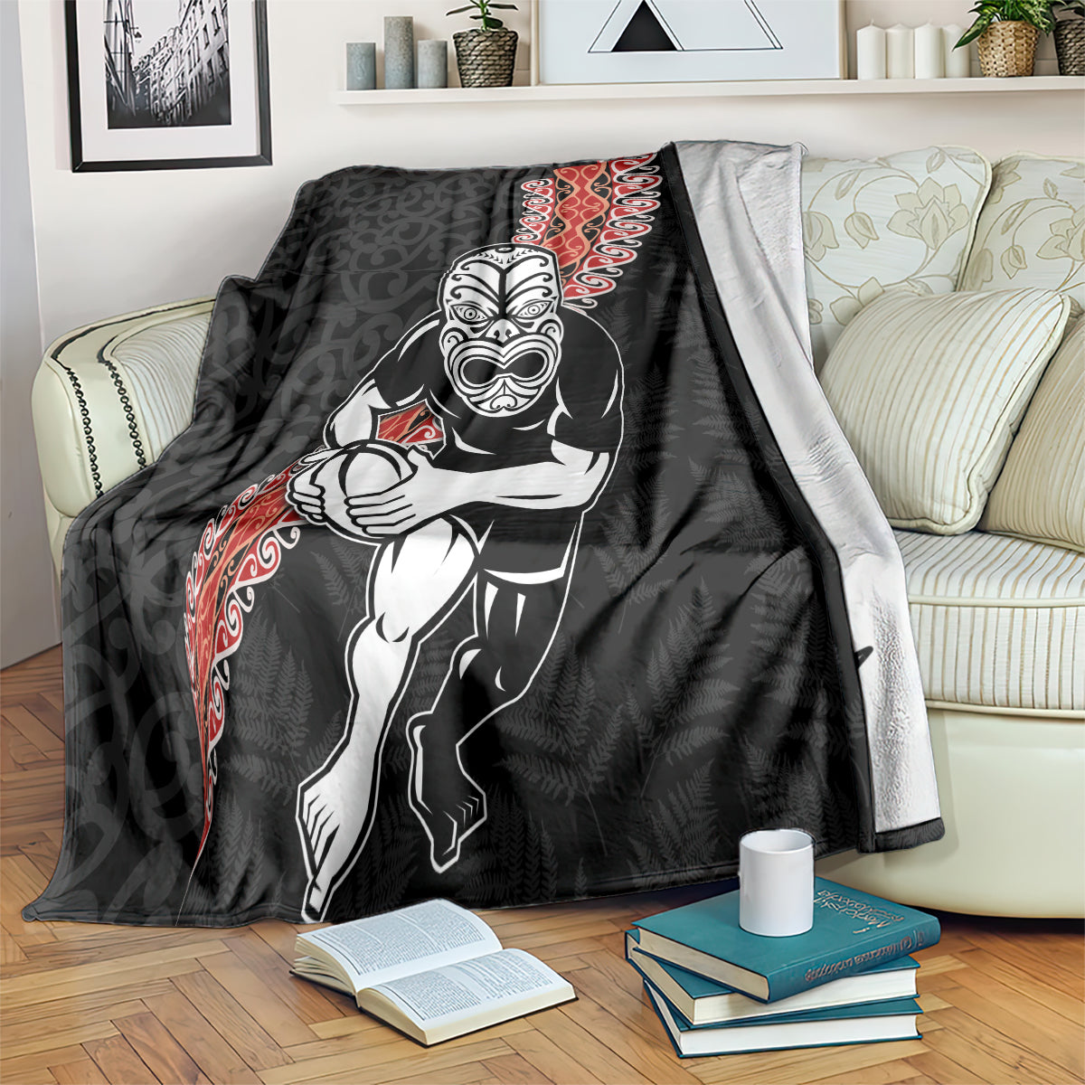 New Zealand Maori Warrior Rugby Blanket Maori and Silver Fern Half Style