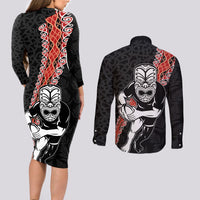 New Zealand Maori Warrior Rugby Couples Matching Long Sleeve Bodycon Dress and Long Sleeve Button Shirt Maori and Silver Fern Half Style