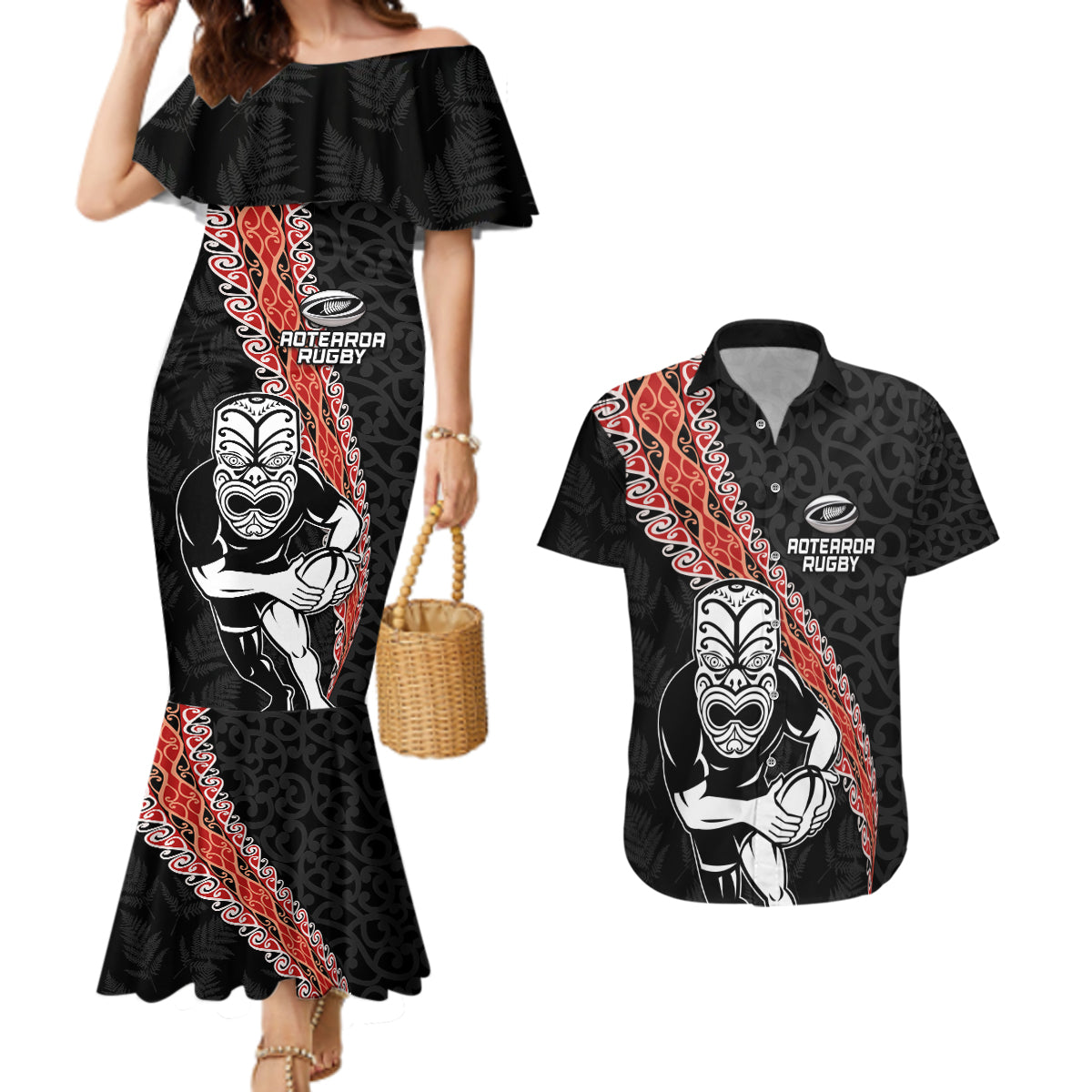 New Zealand Maori Warrior Rugby Couples Matching Mermaid Dress and Hawaiian Shirt Maori and Silver Fern Half Style