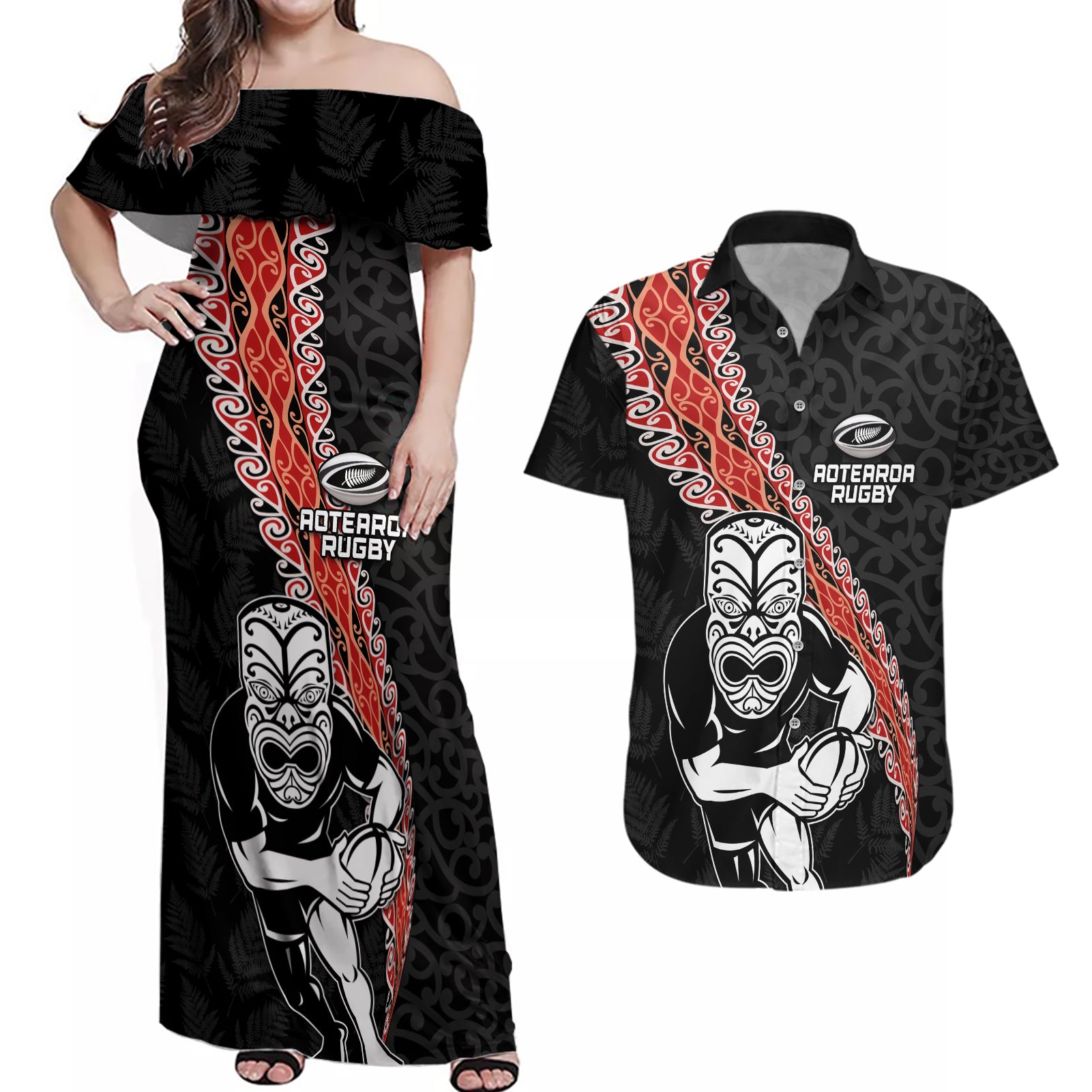 New Zealand Maori Warrior Rugby Couples Matching Off Shoulder Maxi Dress and Hawaiian Shirt Maori and Silver Fern Half Style