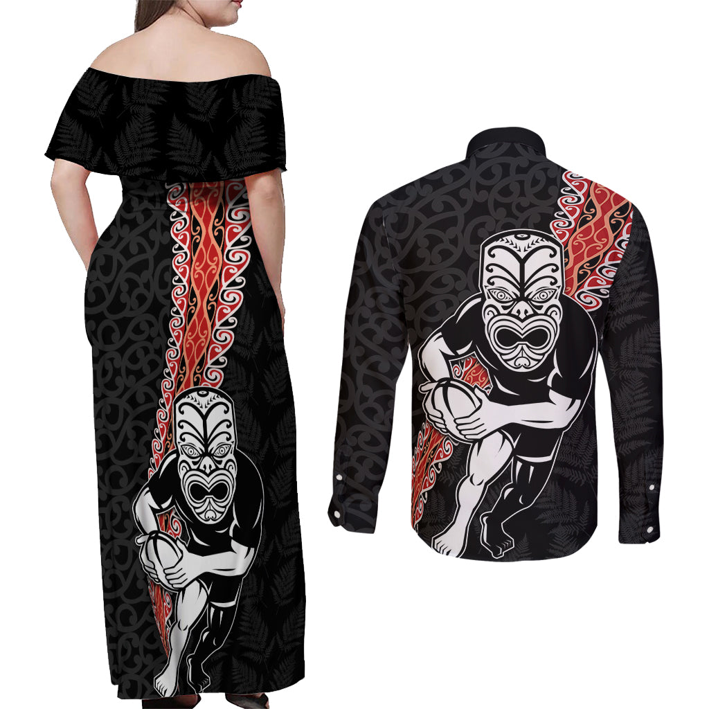New Zealand Maori Warrior Rugby Couples Matching Off Shoulder Maxi Dress and Long Sleeve Button Shirt Maori and Silver Fern Half Style