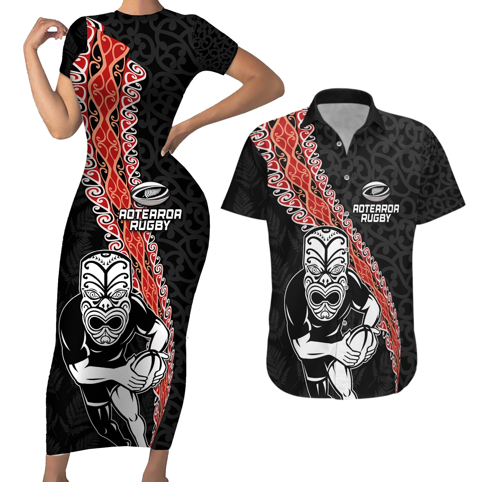 New Zealand Maori Warrior Rugby Couples Matching Short Sleeve Bodycon Dress and Hawaiian Shirt Maori and Silver Fern Half Style