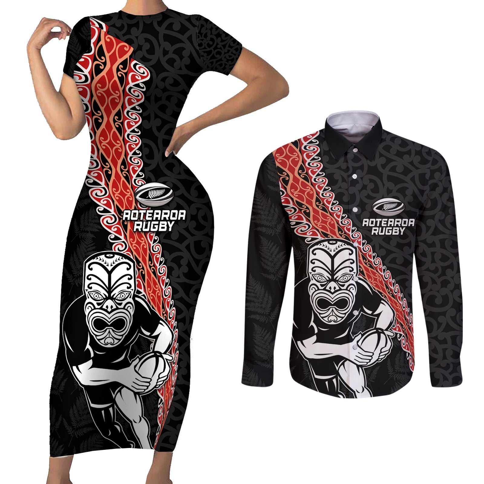 New Zealand Maori Warrior Rugby Couples Matching Short Sleeve Bodycon Dress and Long Sleeve Button Shirt Maori and Silver Fern Half Style