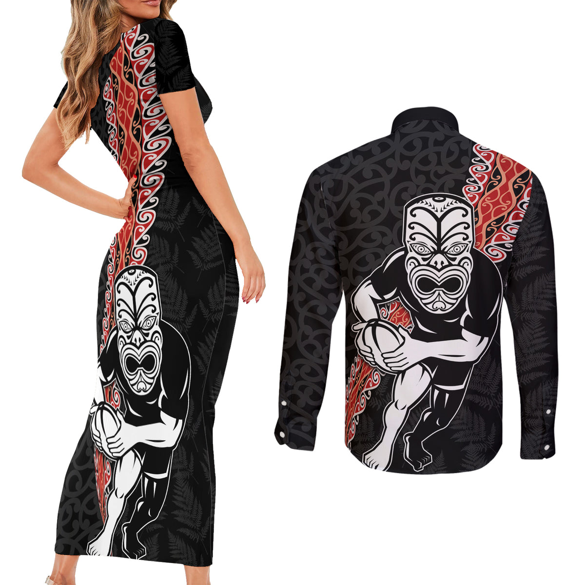 New Zealand Maori Warrior Rugby Couples Matching Short Sleeve Bodycon Dress and Long Sleeve Button Shirt Maori and Silver Fern Half Style