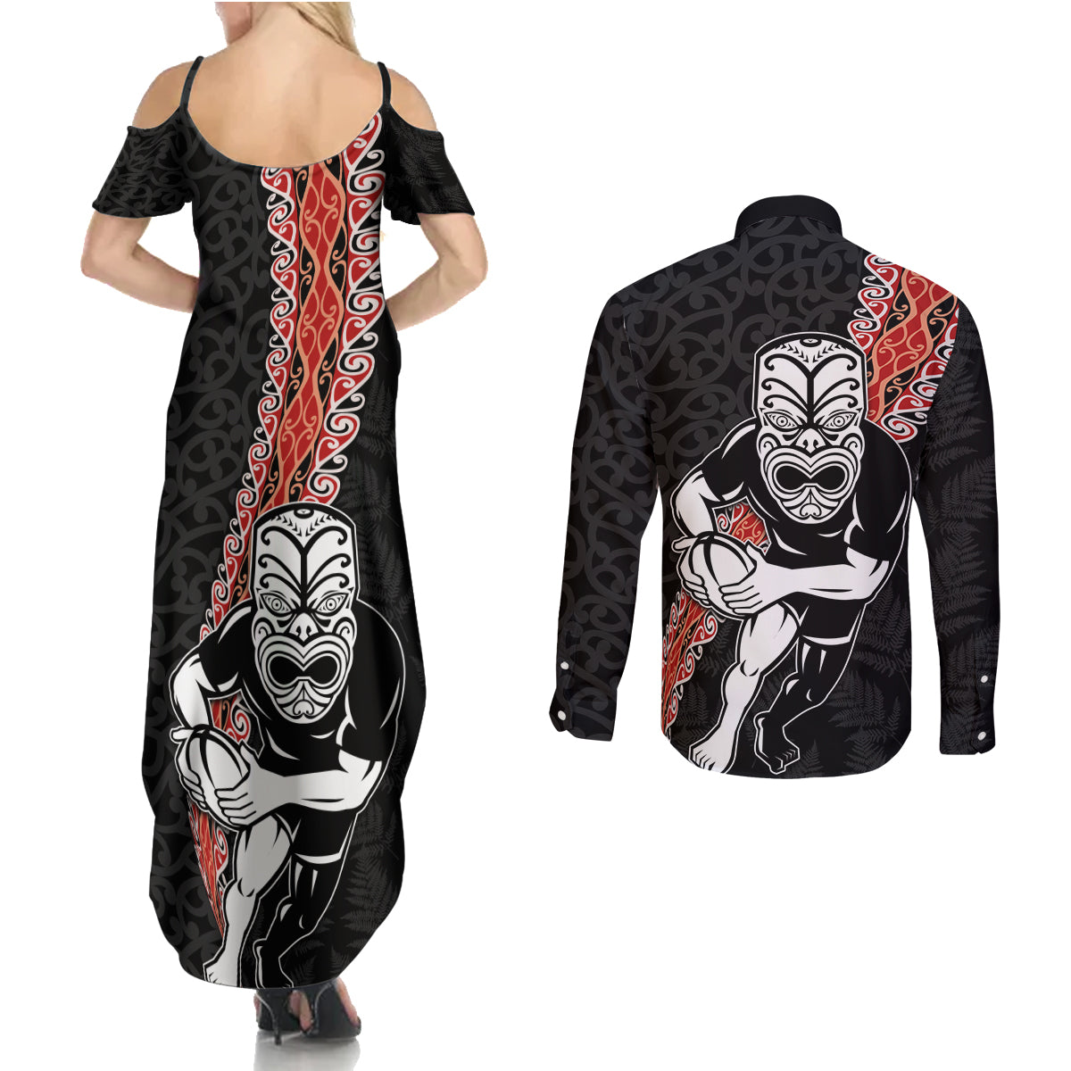 New Zealand Maori Warrior Rugby Couples Matching Summer Maxi Dress and Long Sleeve Button Shirt Maori and Silver Fern Half Style