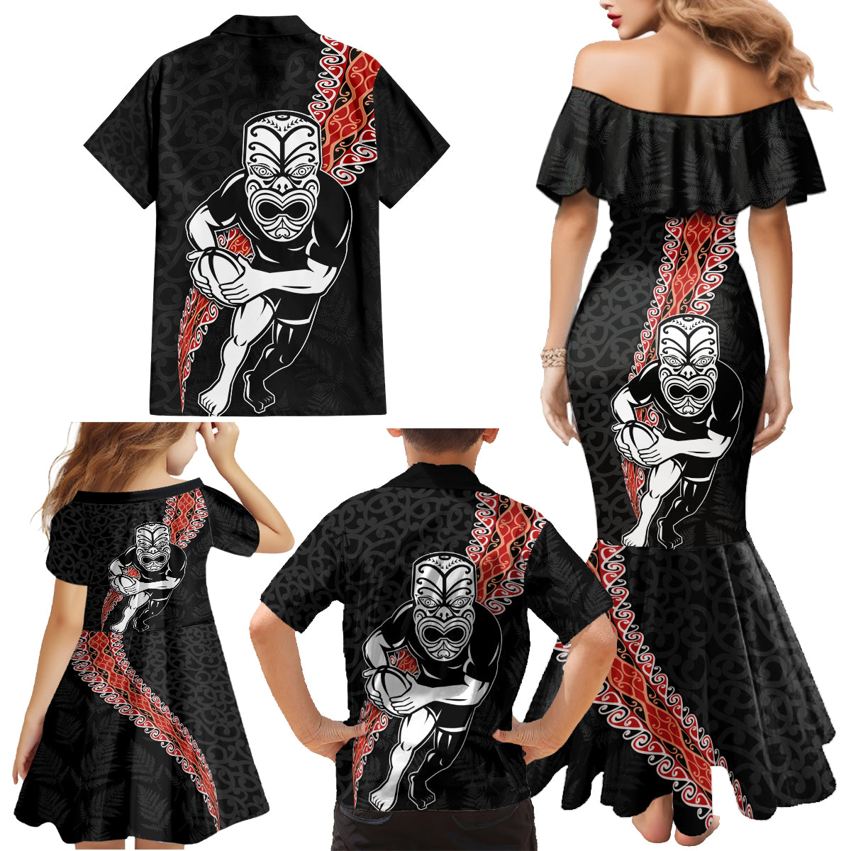 New Zealand Maori Warrior Rugby Family Matching Mermaid Dress and Hawaiian Shirt Maori and Silver Fern Half Style