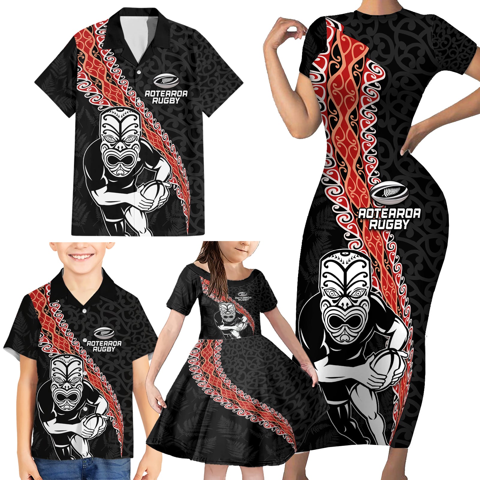 New Zealand Maori Warrior Rugby Family Matching Short Sleeve Bodycon Dress and Hawaiian Shirt Maori and Silver Fern Half Style