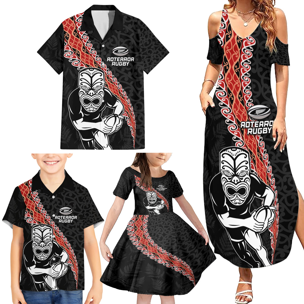 New Zealand Maori Warrior Rugby Family Matching Summer Maxi Dress and Hawaiian Shirt Maori and Silver Fern Half Style