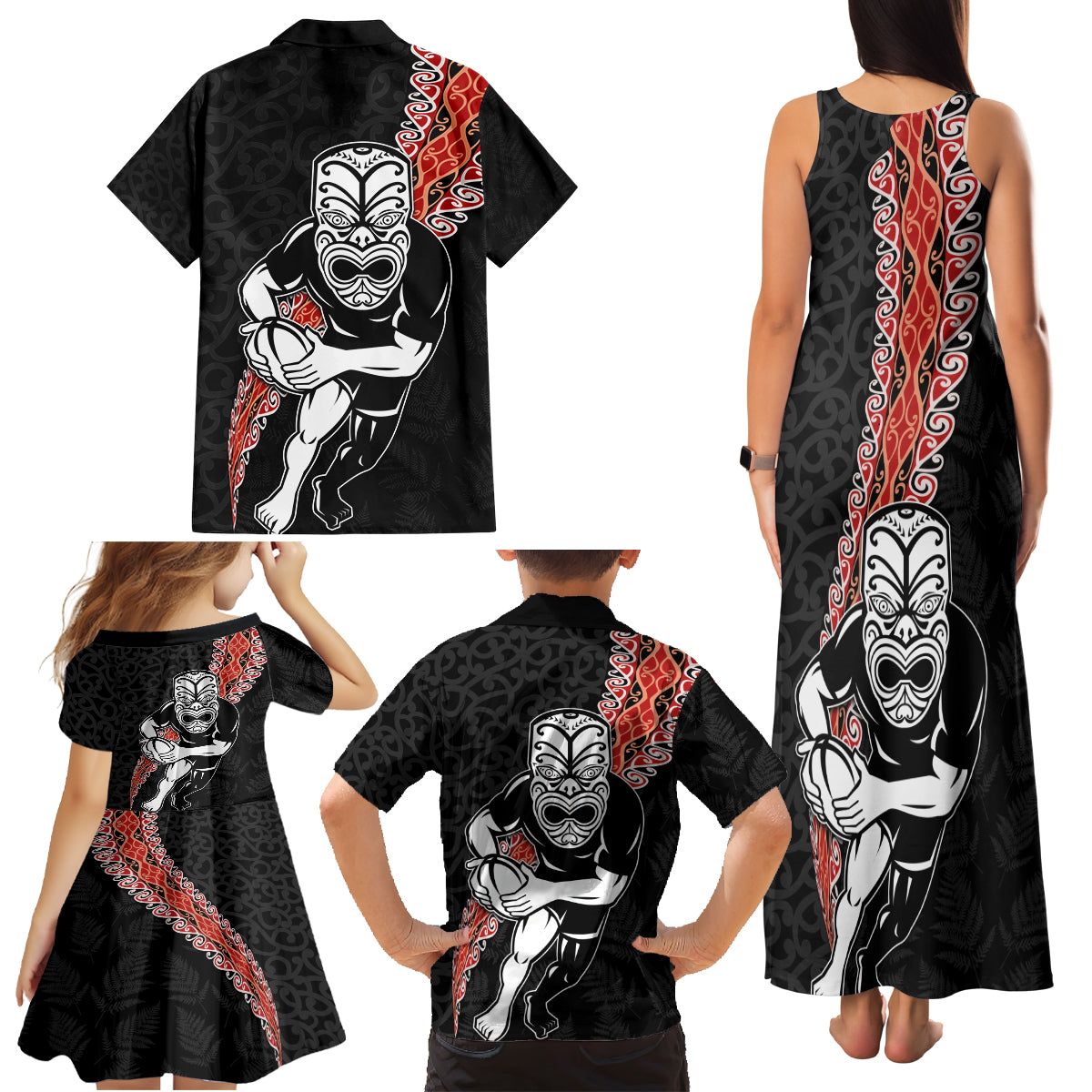New Zealand Maori Warrior Rugby Family Matching Tank Maxi Dress and Hawaiian Shirt Maori and Silver Fern Half Style